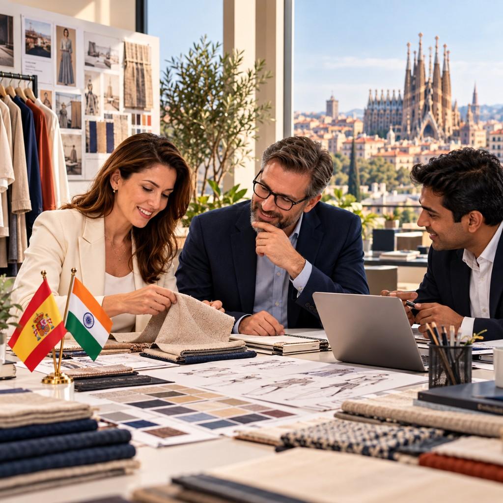 European product development team reviewing fabrics and designs