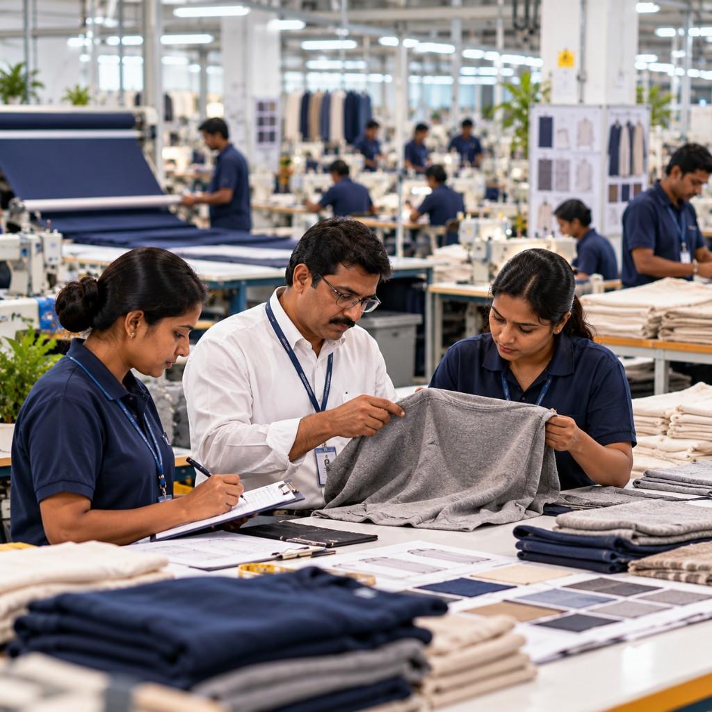 Quality control team inspecting garments on the production floor