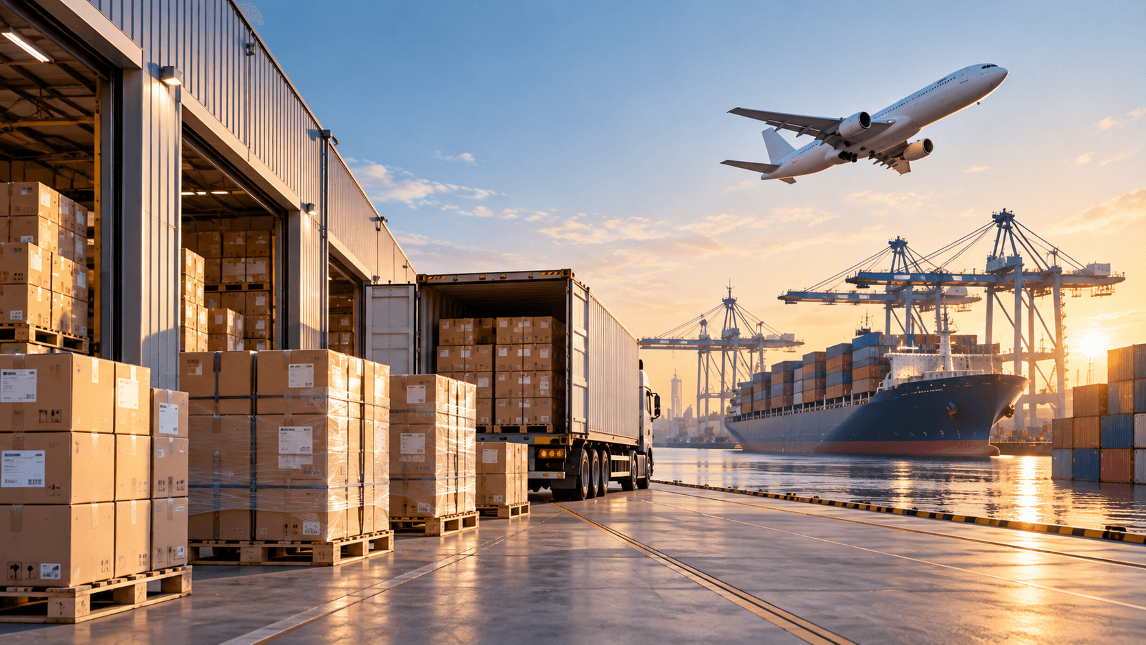 Global logistics hub with truck, ship and air freight