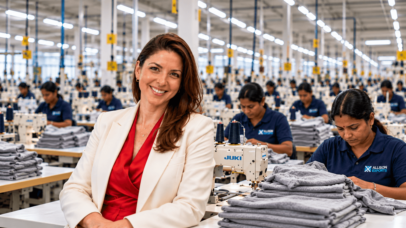 Allison Exports team leader on the garment manufacturing floor in India
