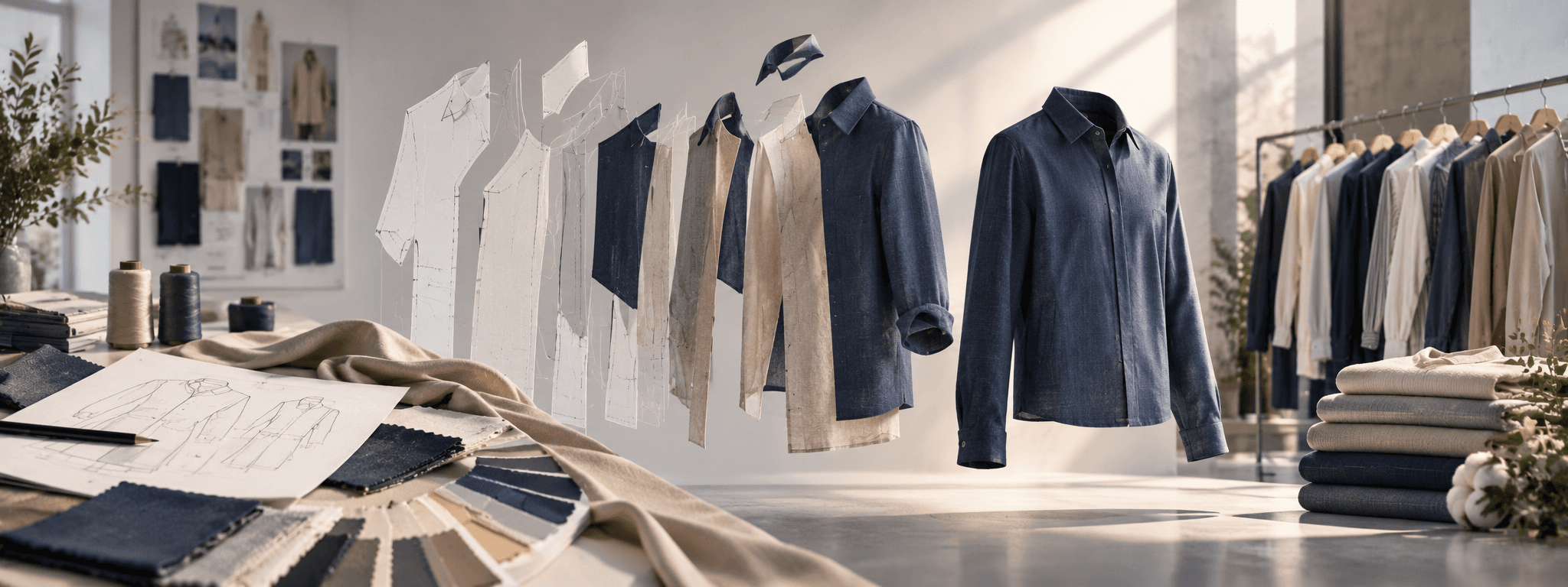 Design and apparel workshop with sketches, fabrics, and collections