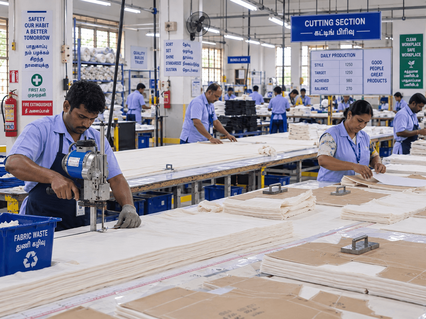 Modern sewing machines on the Allison Exports production floor
