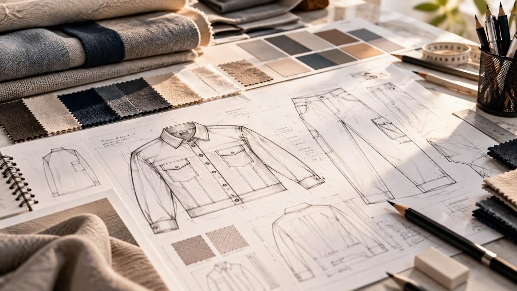 Technical sketches and fabric swatches during product development