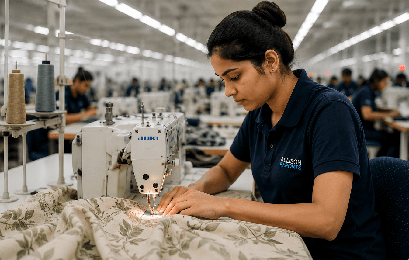 Garment factory worker at sewing machine