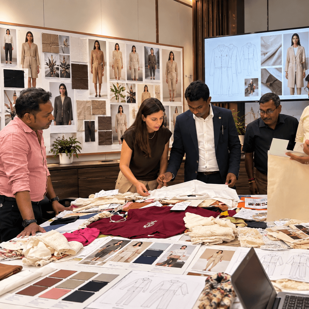 Team reviewing fabric samples and development brief