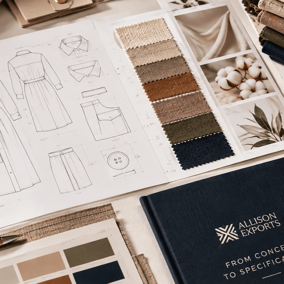 Tech packs, sketches and fabric swatches for specification