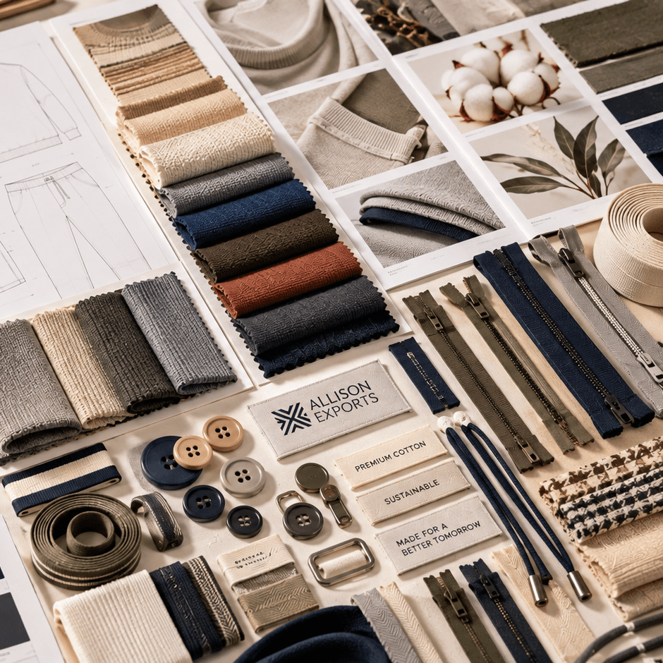 Fabric rolls, buttons and trim materials