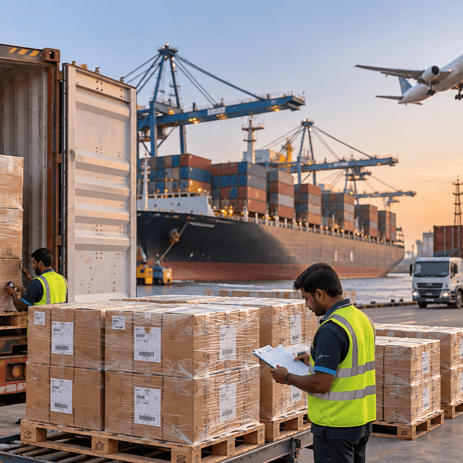 Global logistics with cargo ship and air freight