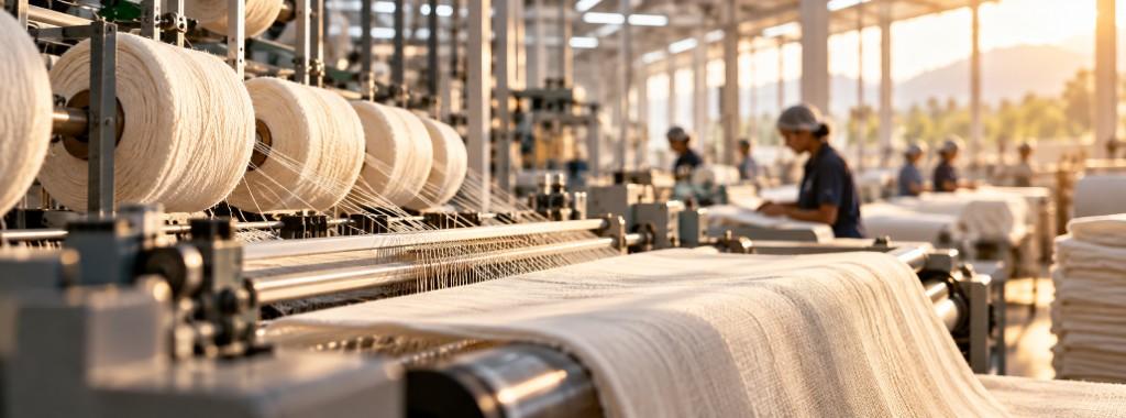 Industrial textile weaving machinery in production