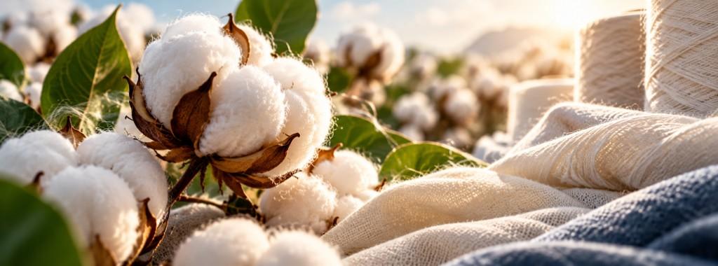 Raw cotton bolls and natural textile fibres