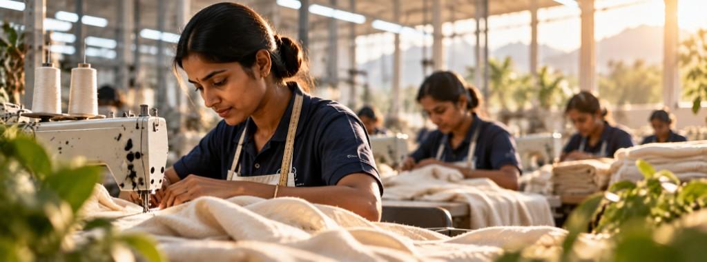 Skilled artisan sewing garments in a sunlit factory