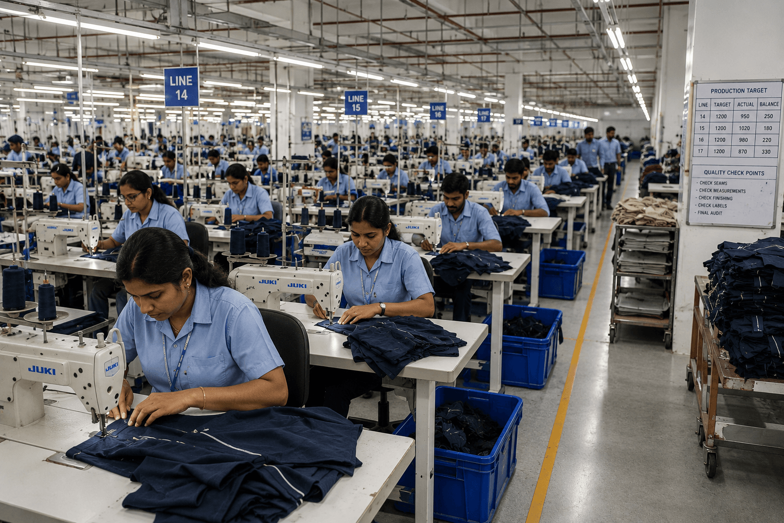 Garment manufacturing floor with production lines