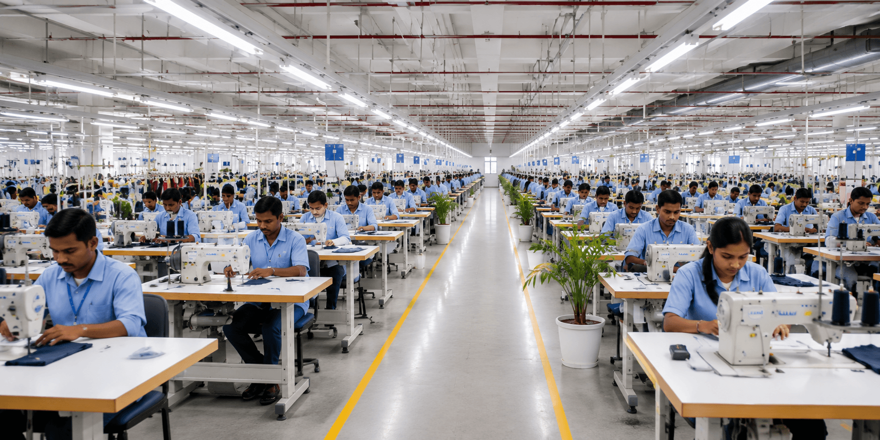 Garment factory floor with workers at sewing machines