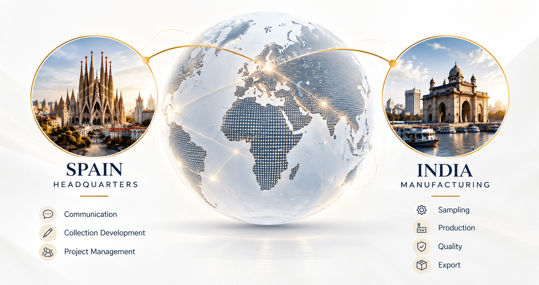 Spain Client Office and India Manufacturing connection map