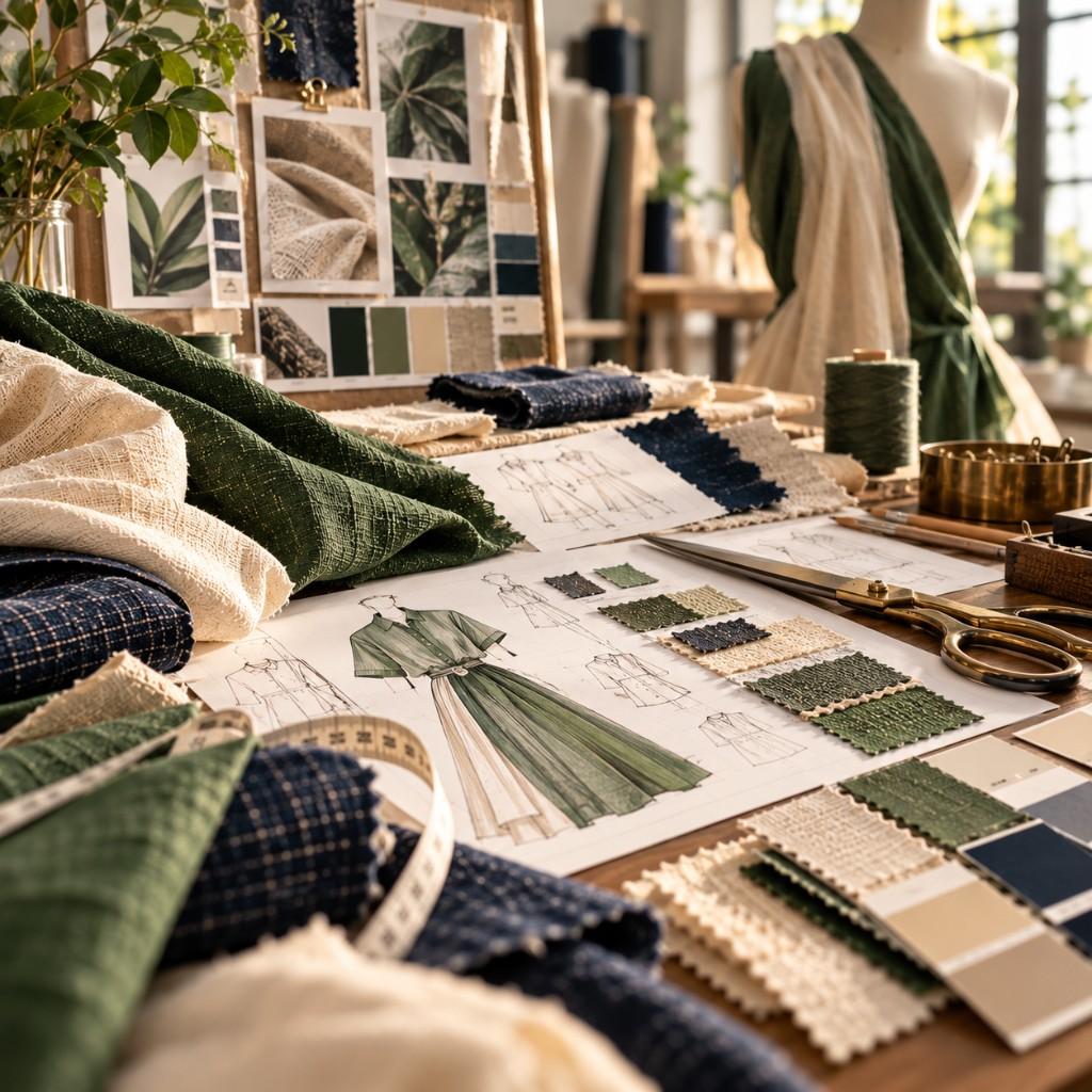 Fashion design workspace with sketches and fabric swatches