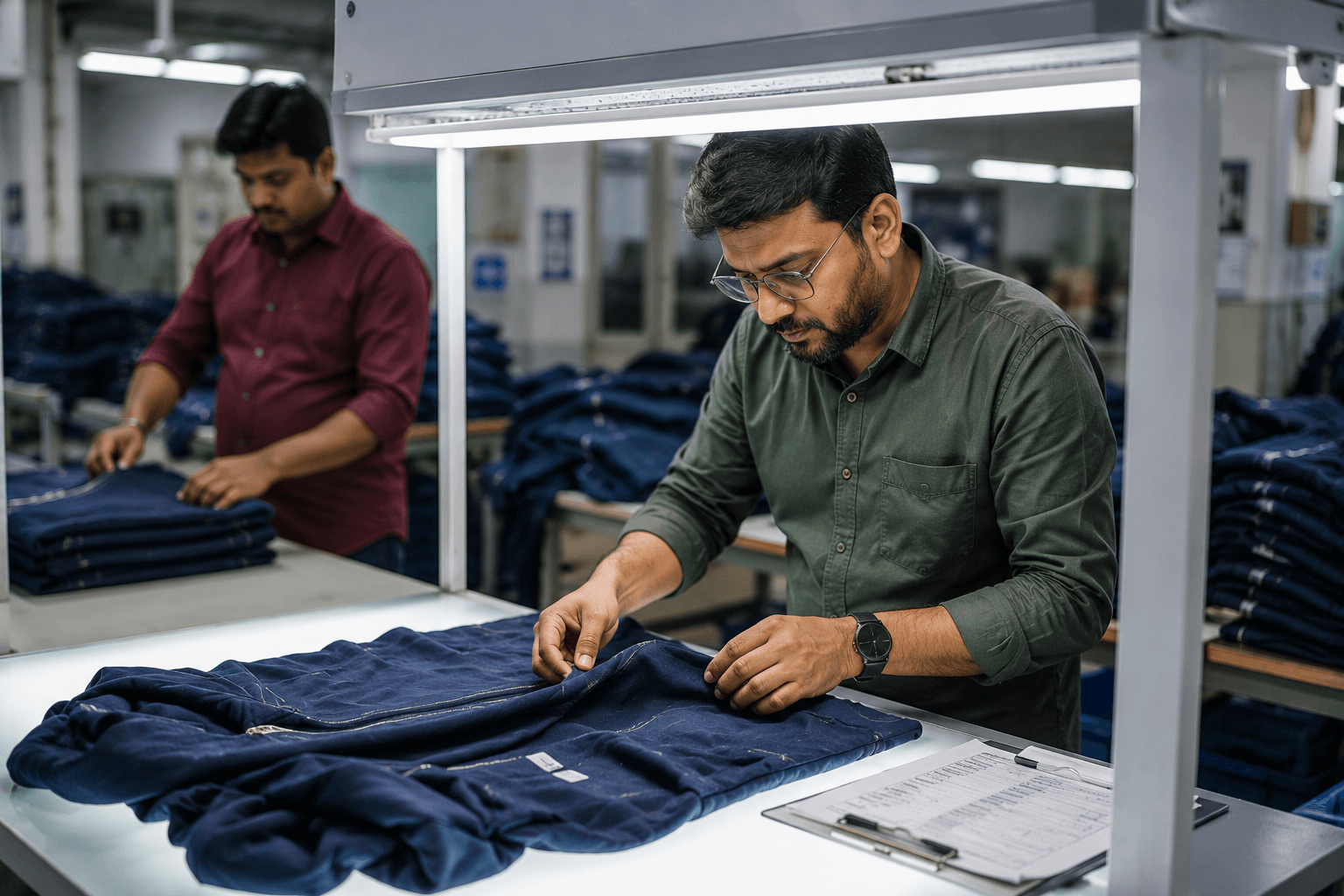 Worker inspecting garment quality