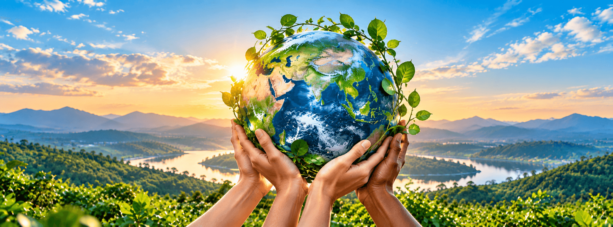 Hands holding Earth wrapped in greenery โ shared environmental responsibility