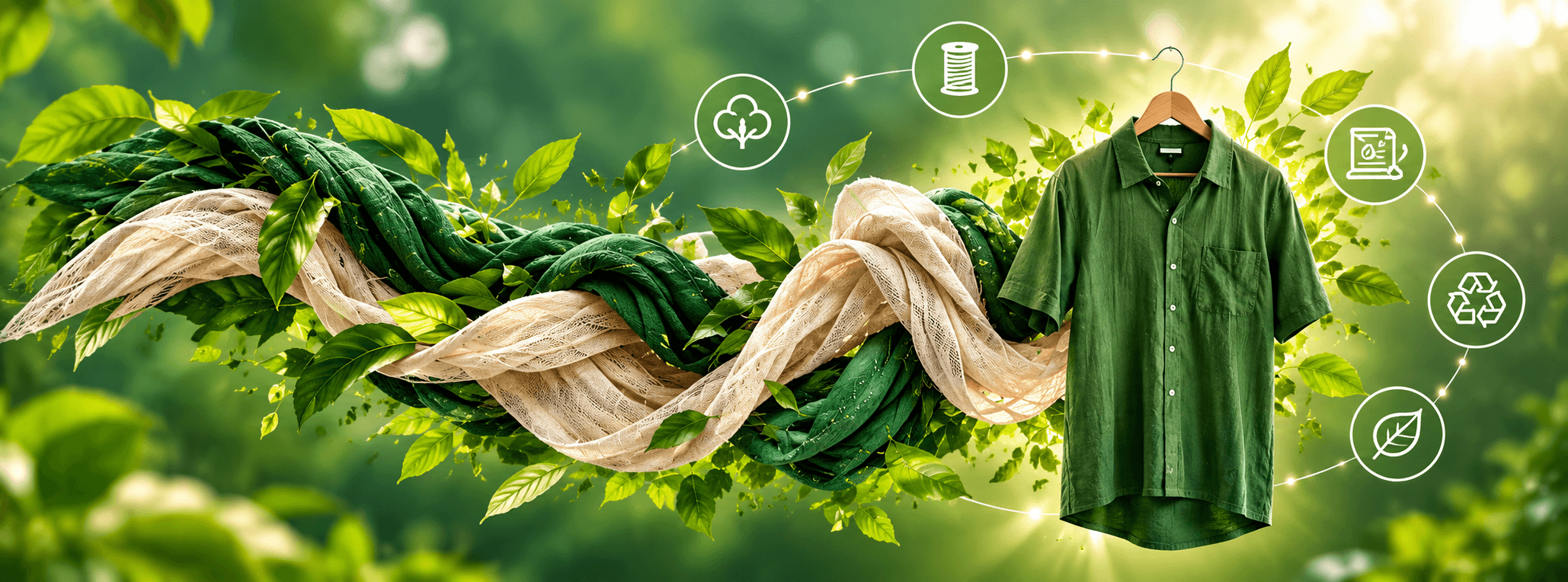 Green shirt surrounded by natural fabric and leaves โ Tamilgona circular fashion