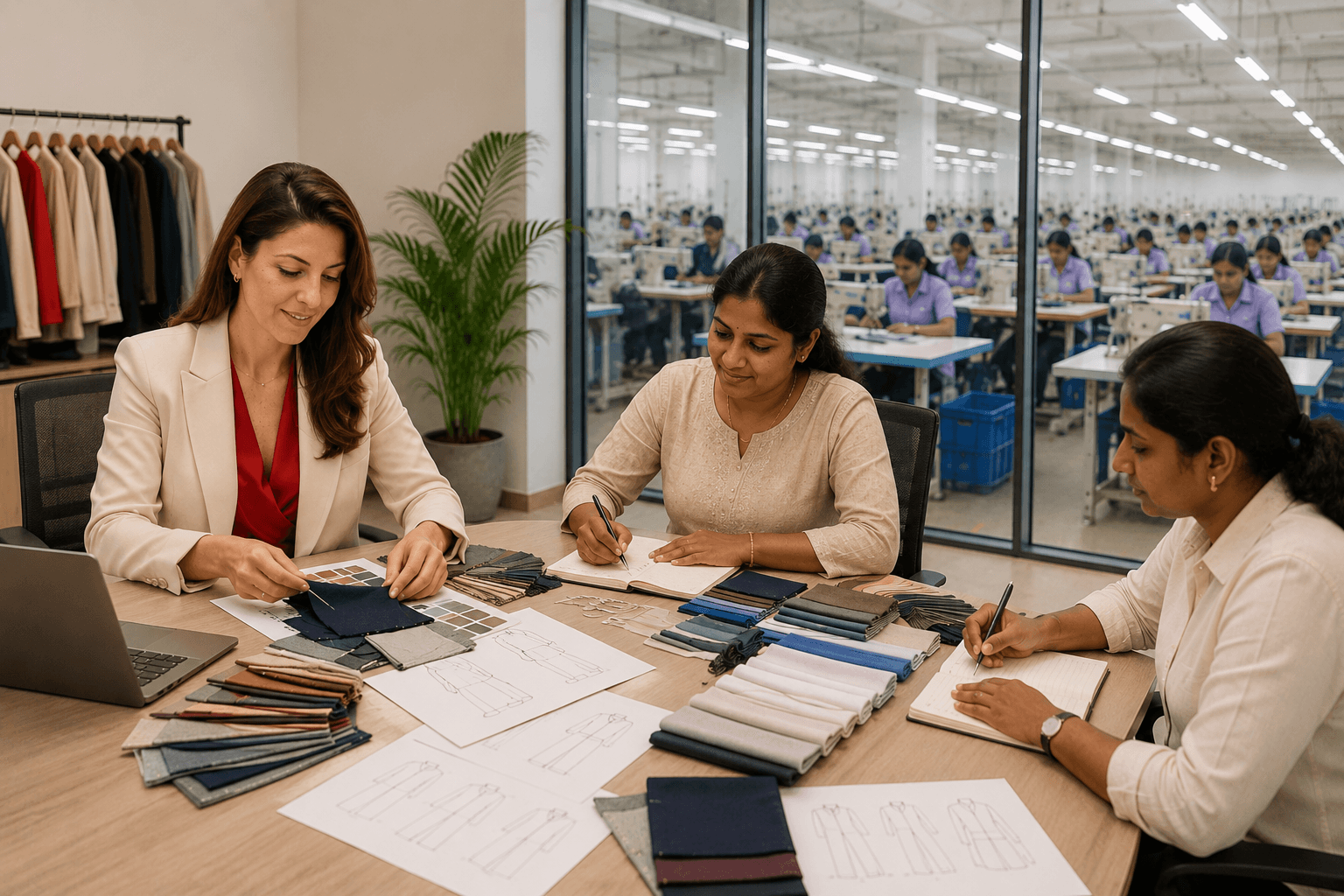 Team reviewing fabric samples in a professional setting